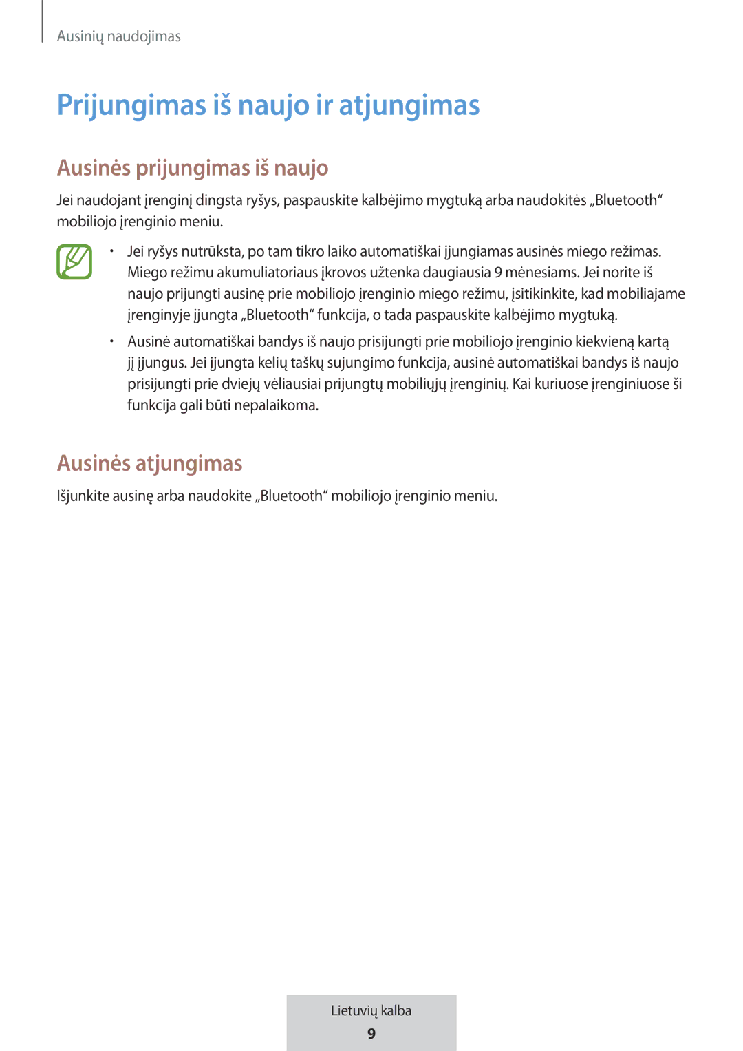 Samsung EO-MG920BBEGRU manual Prijungimas iš naujo ir atjungimas, Ausinės prijungimas iš naujo, Ausinės atjungimas 