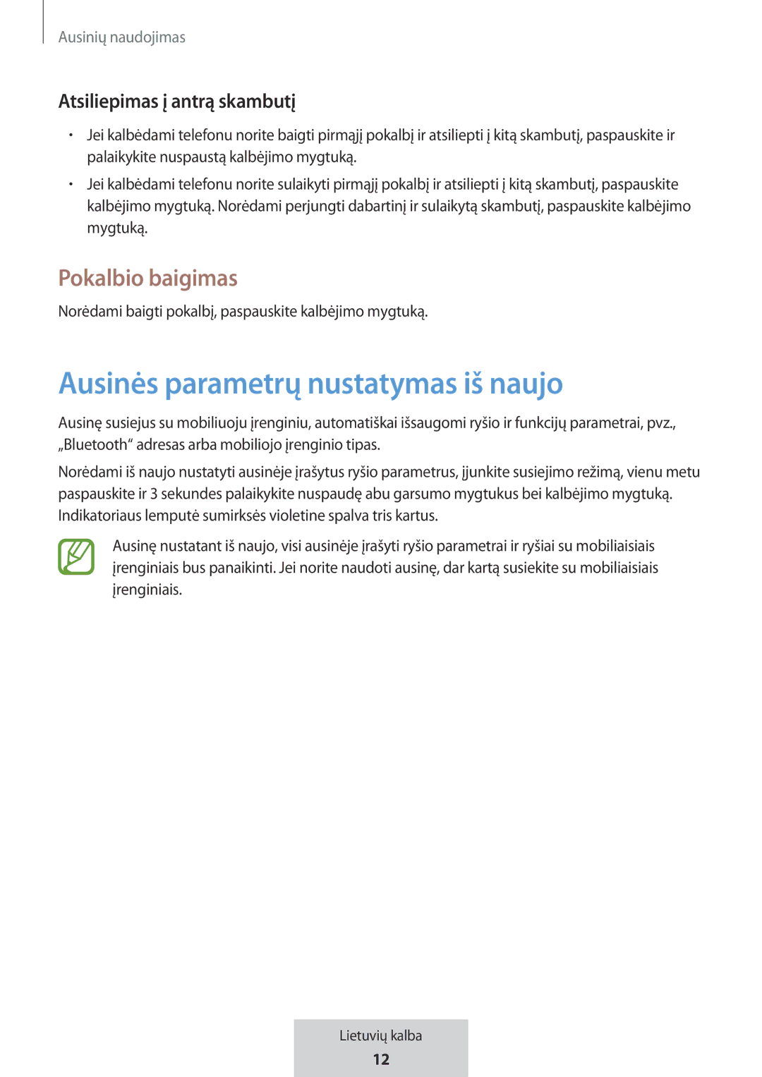 Samsung EO-MG920BBEGRU manual Ausinės parametrų nustatymas iš naujo, Pokalbio baigimas 