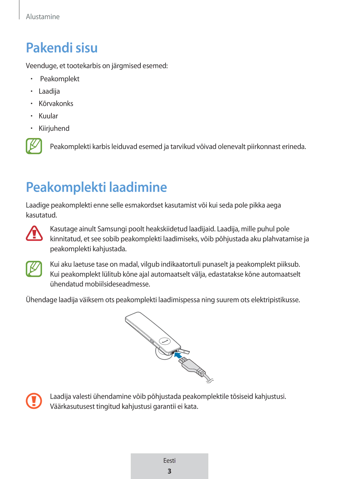 Samsung EO-MG920BBEGRU manual Pakendi sisu, Peakomplekti laadimine 