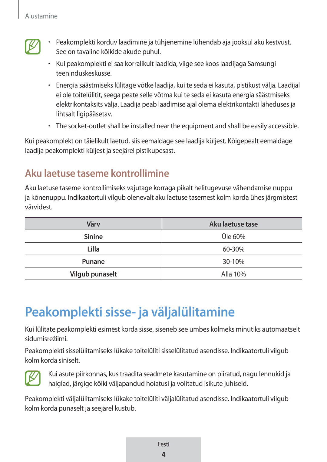 Samsung EO-MG920BBEGRU Peakomplekti sisse- ja väljalülitamine, Aku laetuse taseme kontrollimine, Värv Aku laetuse tase 