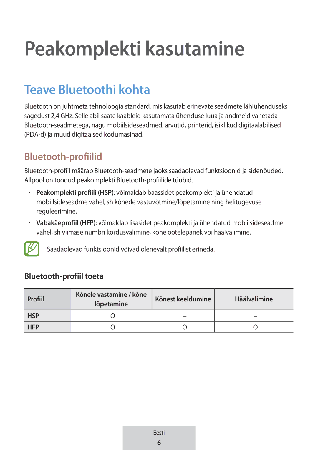 Samsung EO-MG920BBEGRU manual Peakomplekti kasutamine, Teave Bluetoothi kohta, Bluetooth-profiilid, Bluetooth-profiil toeta 