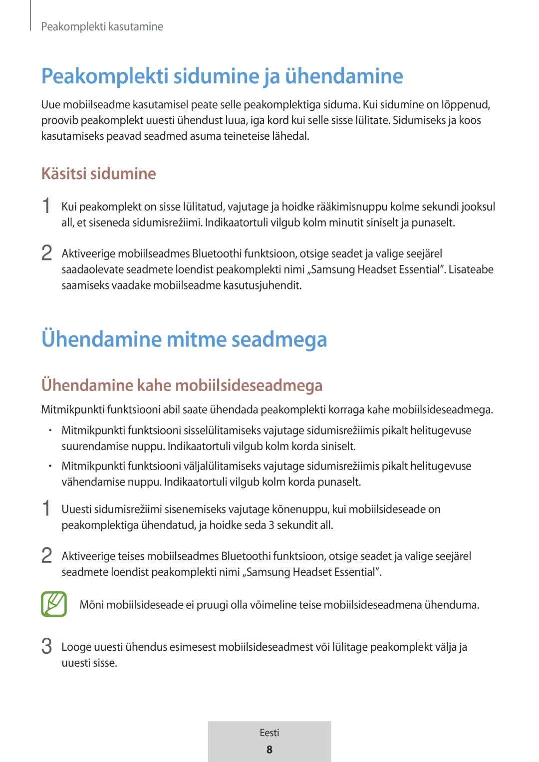 Samsung EO-MG920BBEGRU manual Peakomplekti sidumine ja ühendamine, Ühendamine mitme seadmega, Käsitsi sidumine 