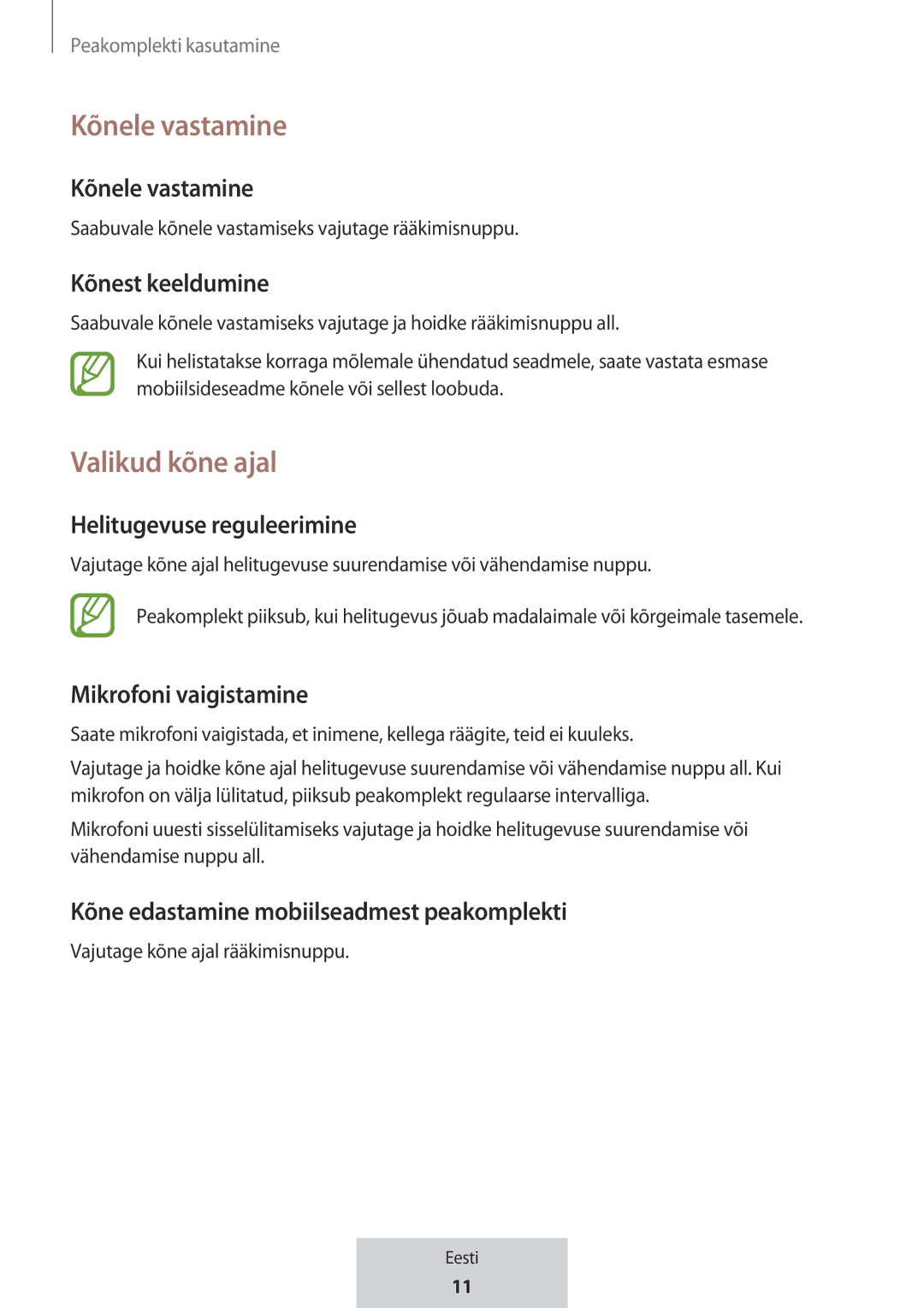 Samsung EO-MG920BBEGRU manual Kõnele vastamine, Valikud kõne ajal 