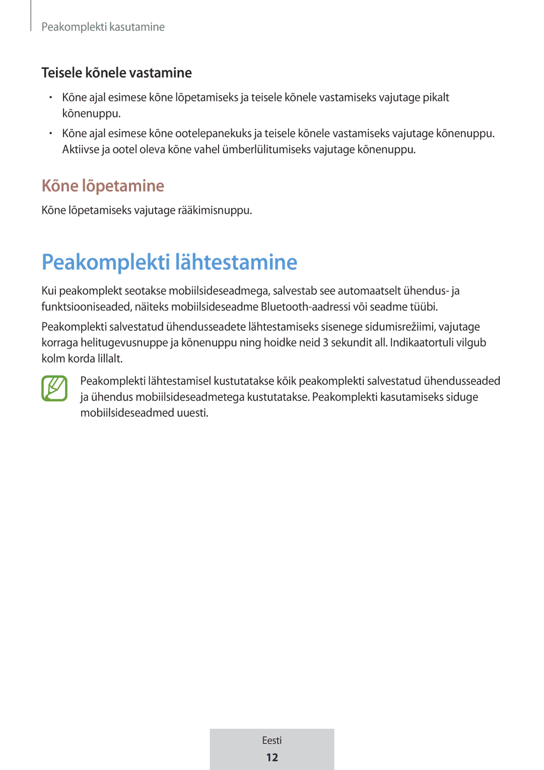 Samsung EO-MG920BBEGRU manual Peakomplekti lähtestamine, Kõne lõpetamine, Teisele kõnele vastamine 