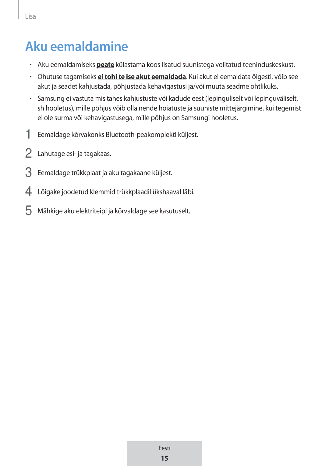 Samsung EO-MG920BBEGRU manual Aku eemaldamine 