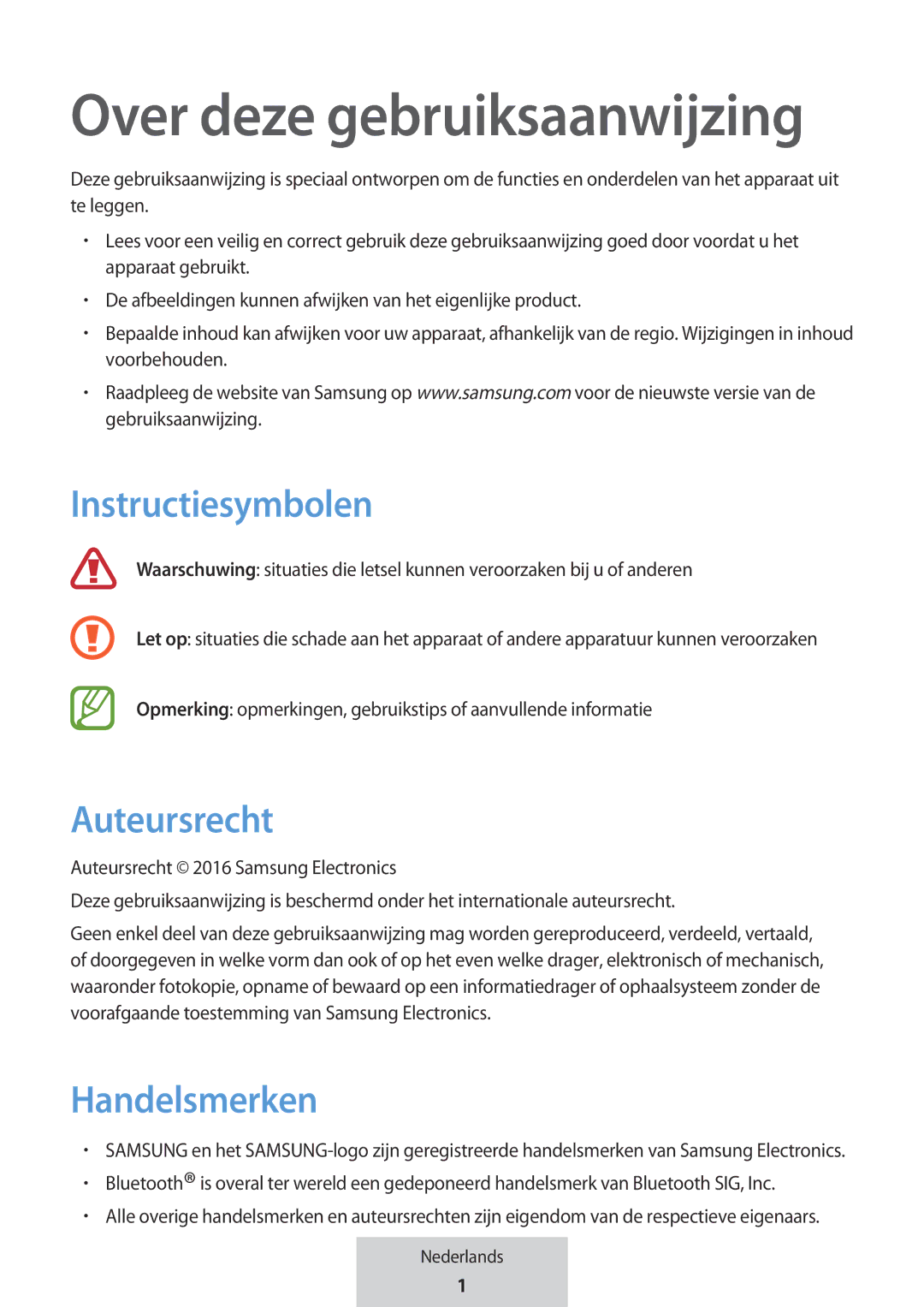 Samsung EO-MG920BBEGRU manual Instructiesymbolen, Auteursrecht, Handelsmerken 