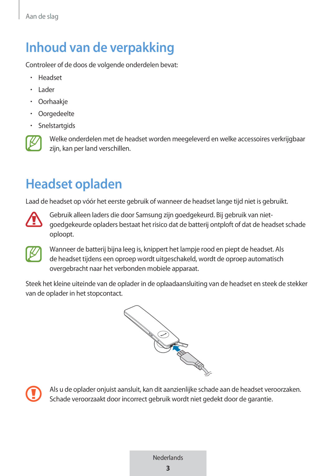 Samsung EO-MG920BBEGRU manual Inhoud van de verpakking, Headset opladen 