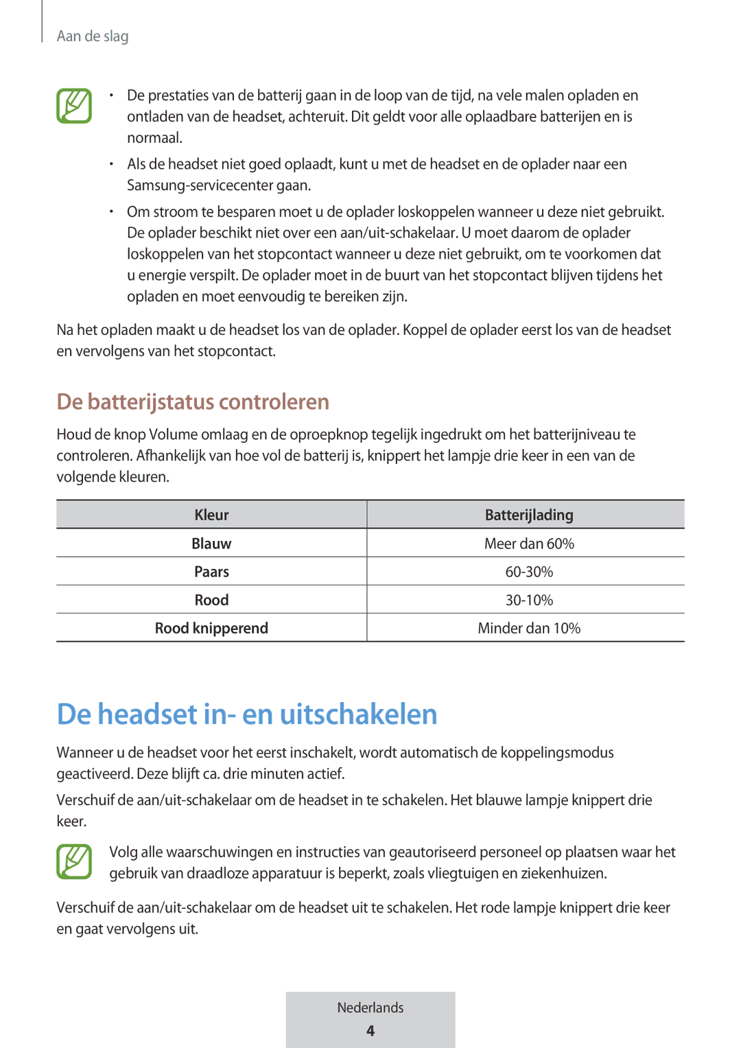 Samsung EO-MG920BBEGRU manual De headset in- en uitschakelen, De batterijstatus controleren 