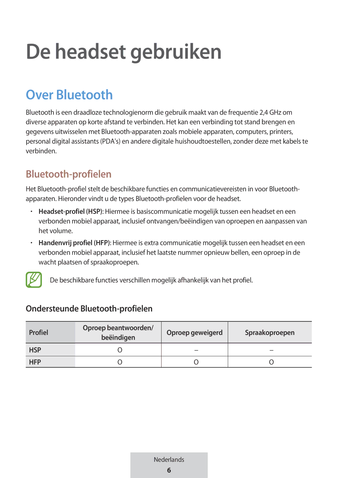 Samsung EO-MG920BBEGRU manual Over Bluetooth, Bluetooth-profielen 