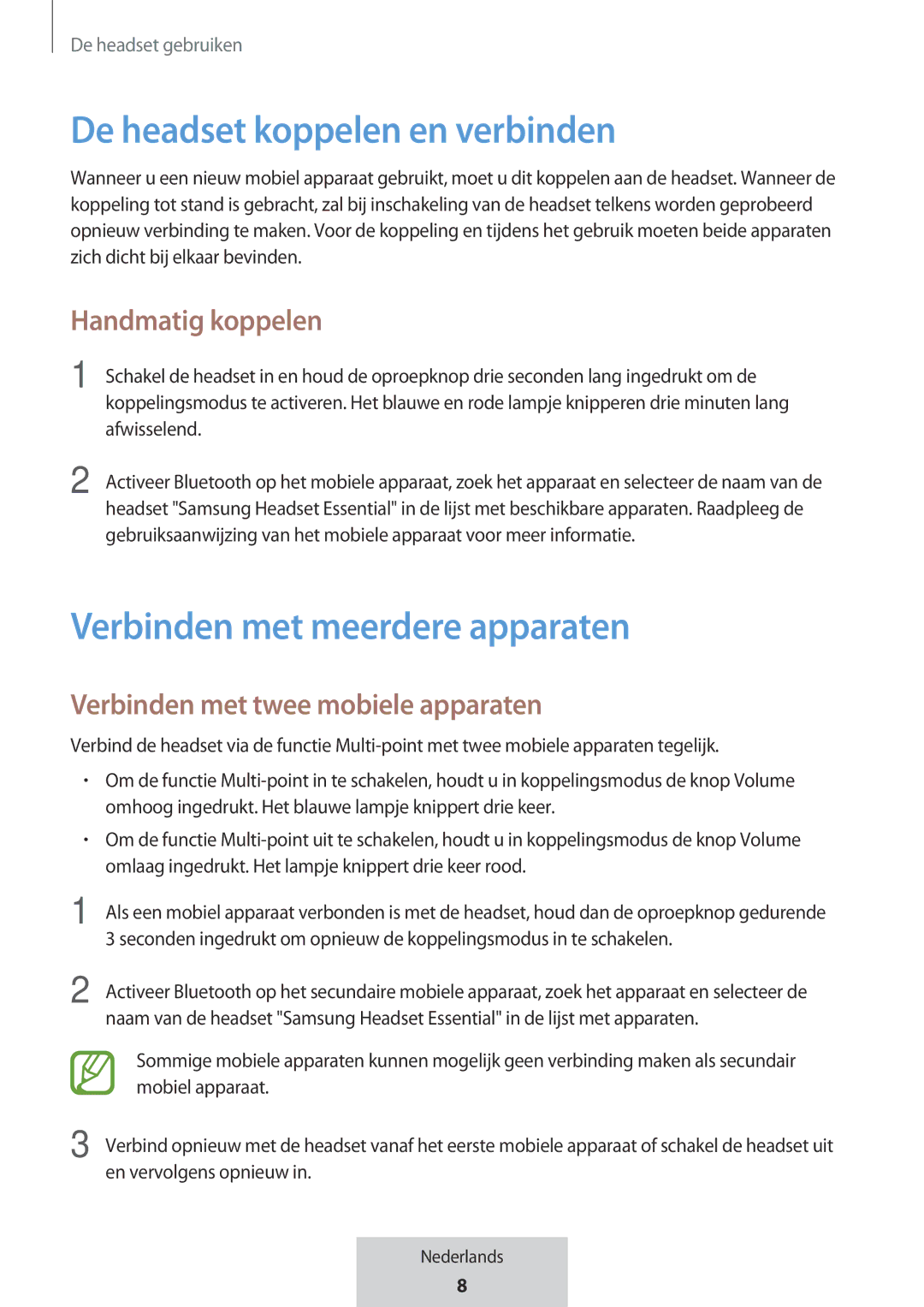 Samsung EO-MG920BBEGRU manual De headset koppelen en verbinden, Verbinden met meerdere apparaten, Handmatig koppelen 