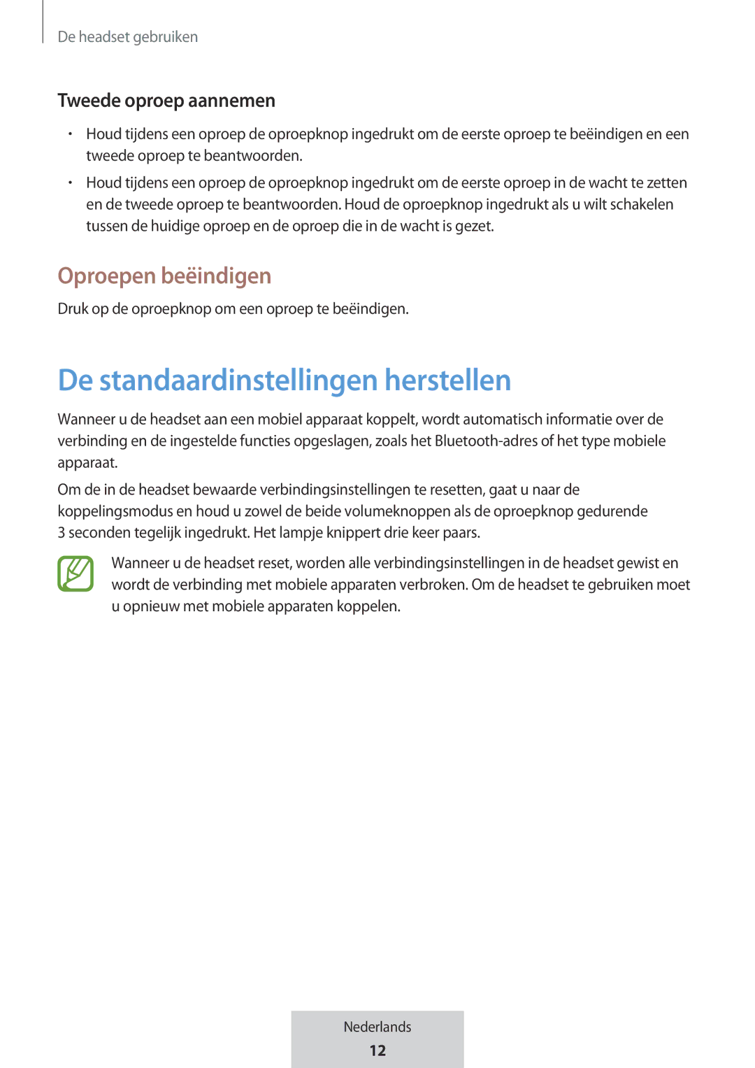 Samsung EO-MG920BBEGRU manual De standaardinstellingen herstellen, Oproepen beëindigen 