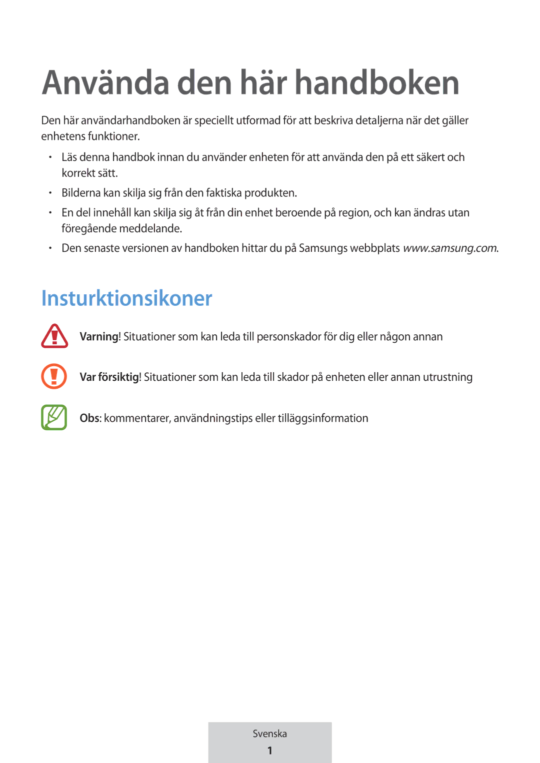 Samsung EO-MG920BBEGRU manual Använda den här handboken, Insturktionsikoner 