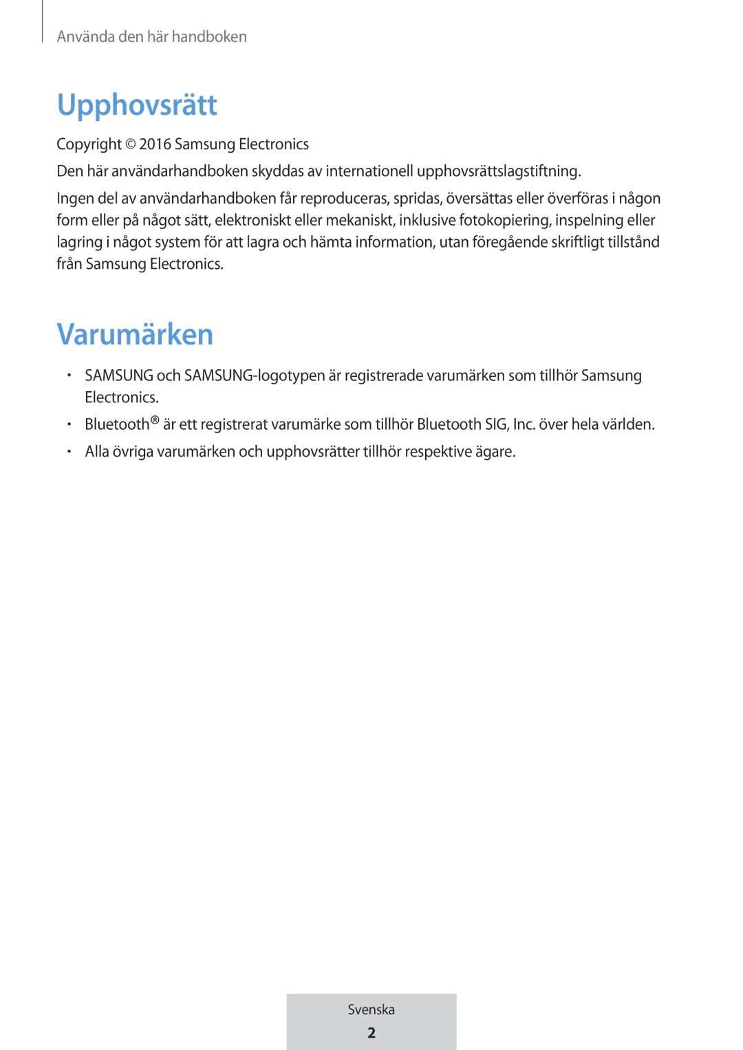 Samsung EO-MG920BBEGRU manual Upphovsrätt, Varumärken 