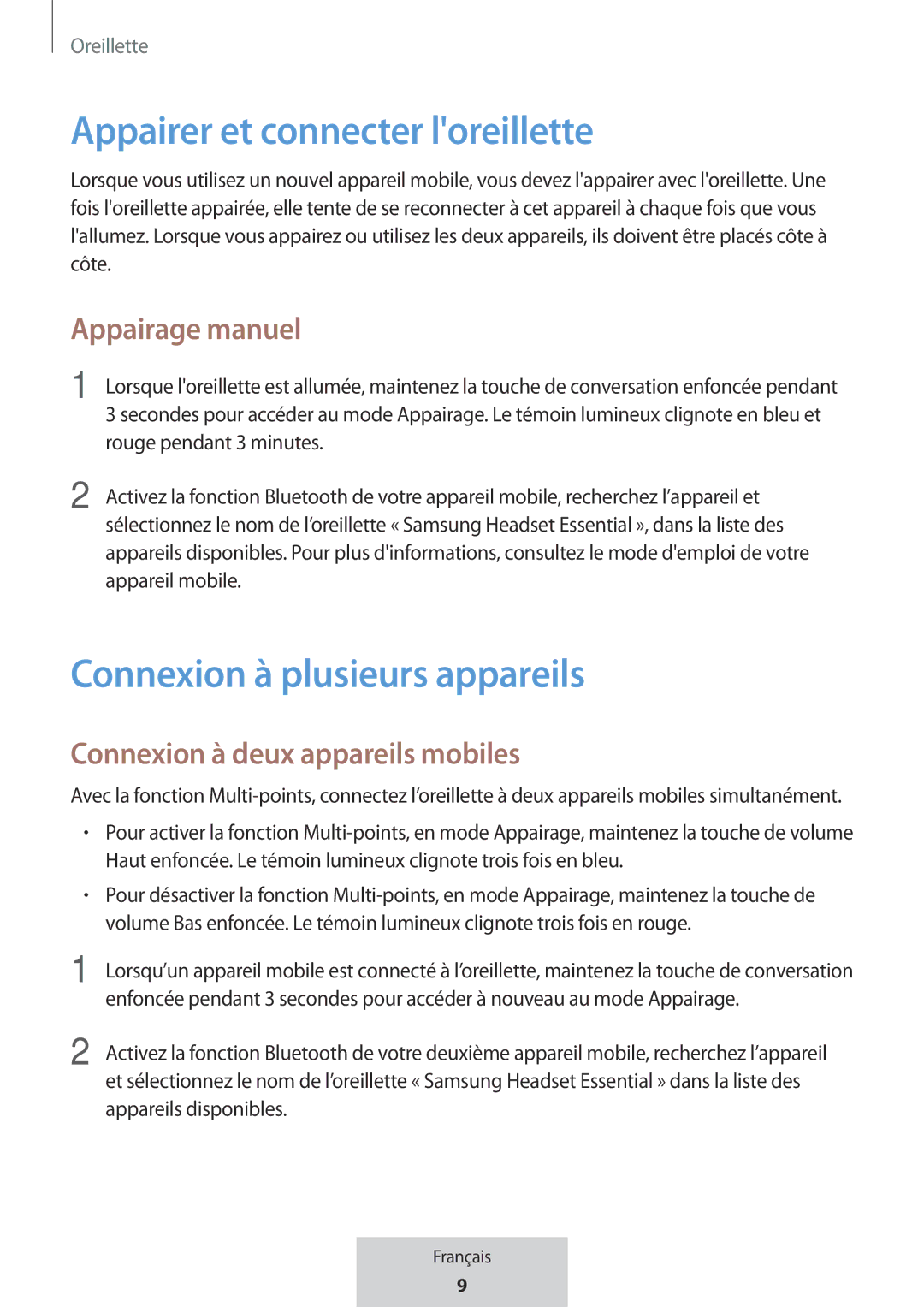 Samsung EO-MG920BBEGRU manual Appairer et connecter loreillette, Connexion à plusieurs appareils, Appairage manuel 