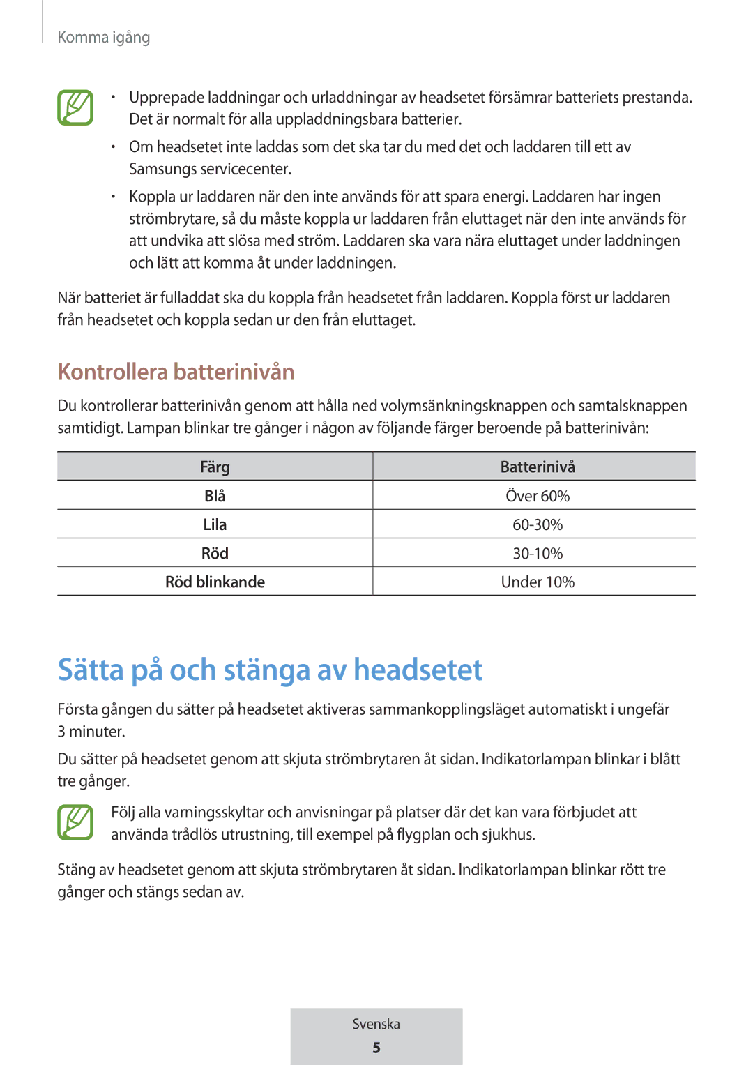 Samsung EO-MG920BBEGRU manual Sätta på och stänga av headsetet, Kontrollera batterinivån, Färg Batterinivå 