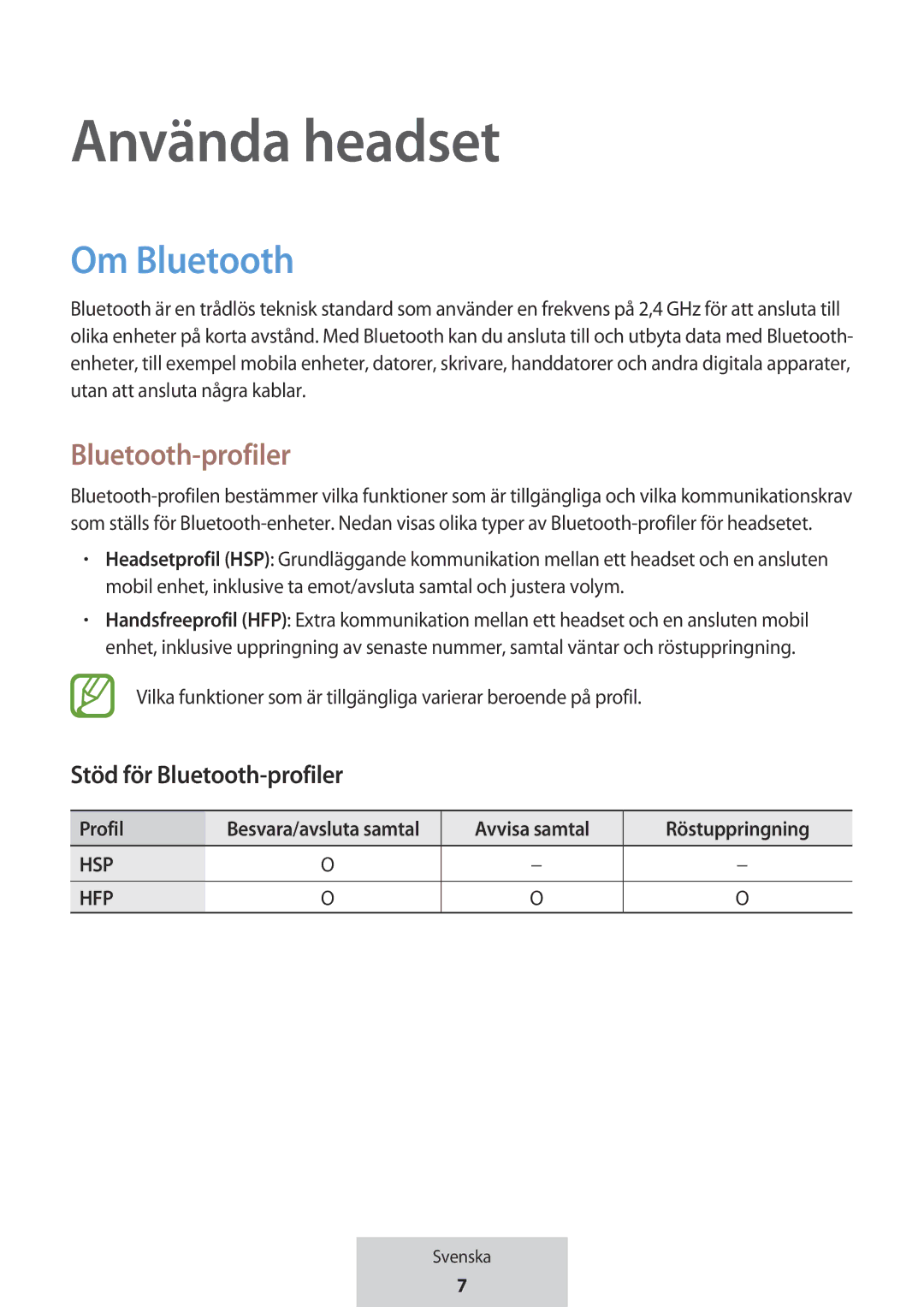 Samsung EO-MG920BBEGRU manual Använda headset, Om Bluetooth, Stöd för Bluetooth-profiler 