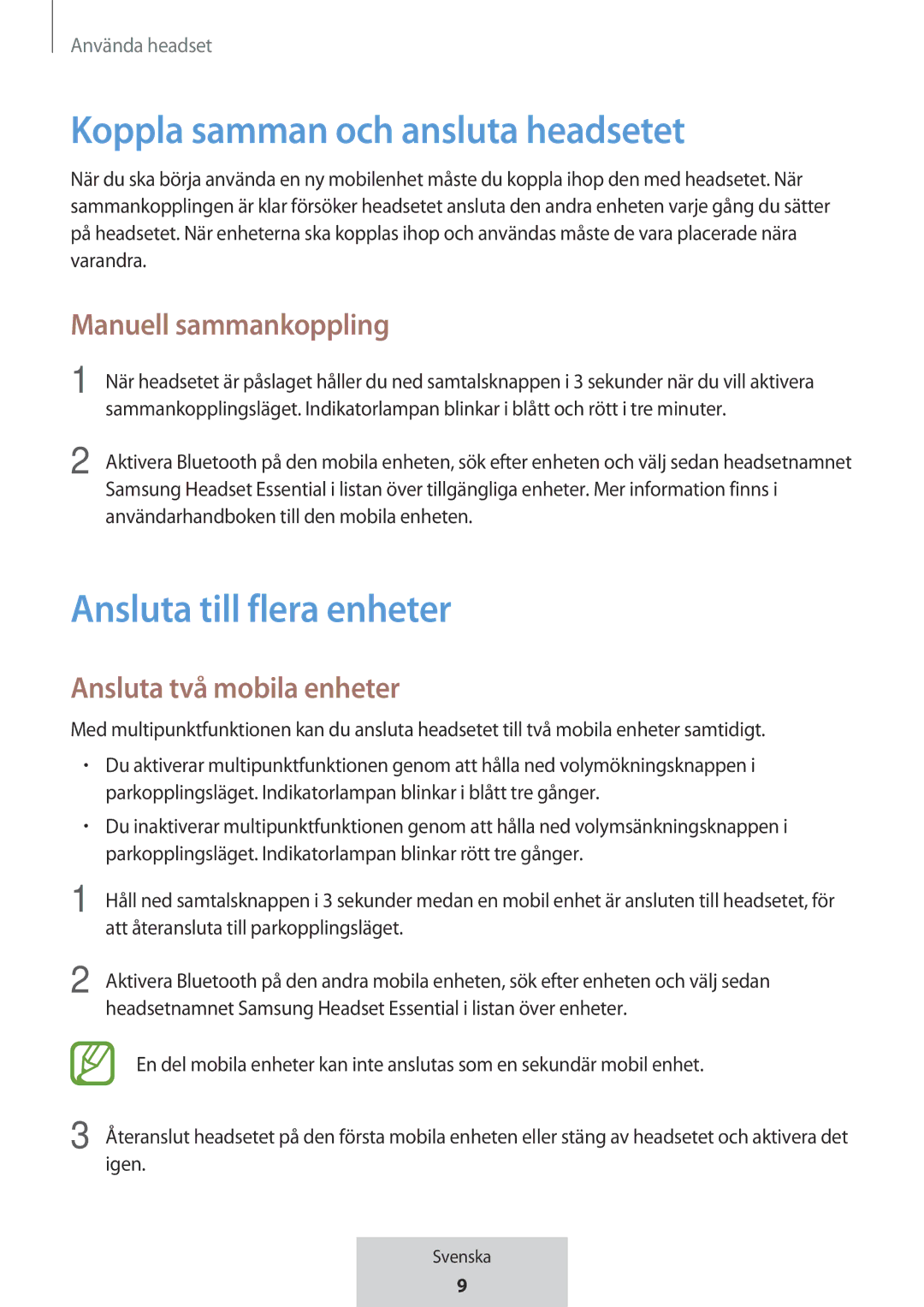 Samsung EO-MG920BBEGRU manual Koppla samman och ansluta headsetet, Ansluta till flera enheter, Manuell sammankoppling 