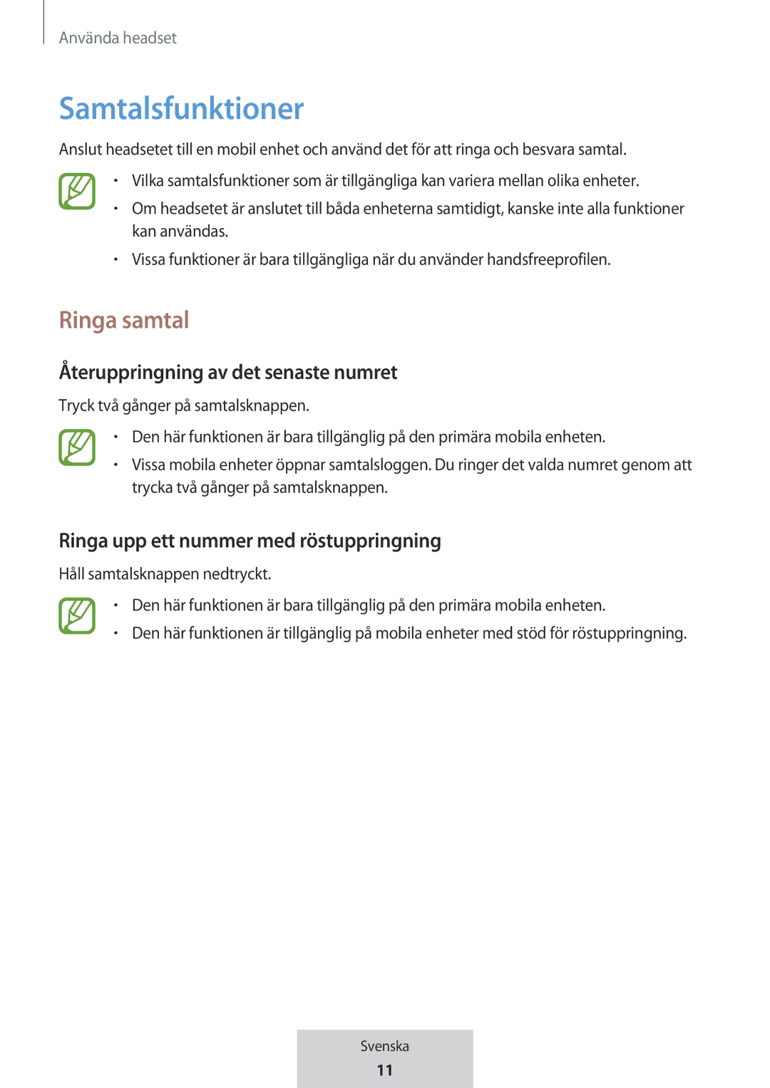 Samsung EO-MG920BBEGRU manual Samtalsfunktioner, Ringa samtal, Återuppringning av det senaste numret 