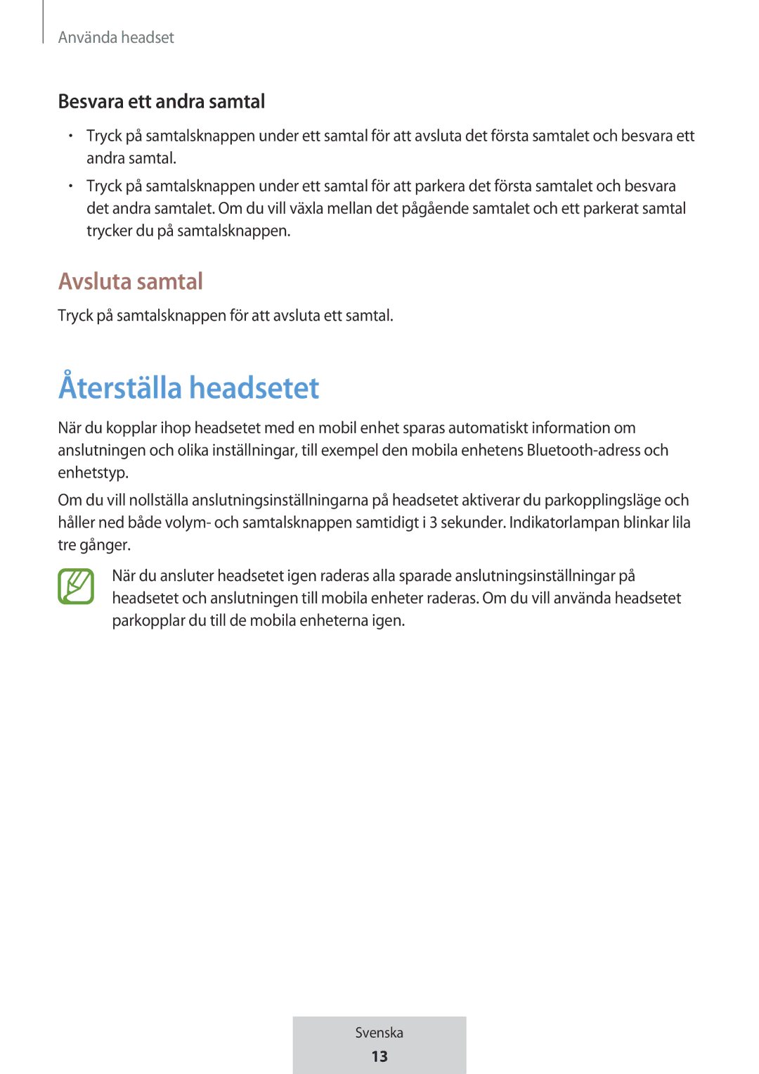 Samsung EO-MG920BBEGRU manual Återställa headsetet, Avsluta samtal, Besvara ett andra samtal 