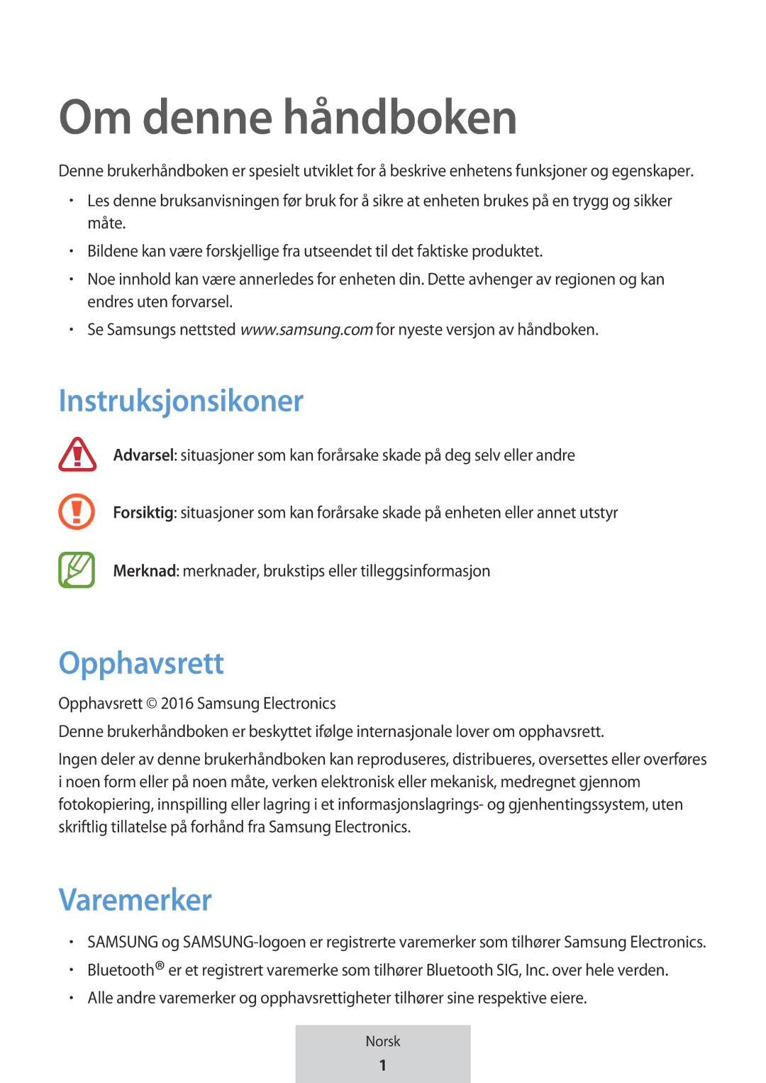 Samsung EO-MG920BBEGRU manual Om denne håndboken, Instruksjonsikoner, Opphavsrett, Varemerker 