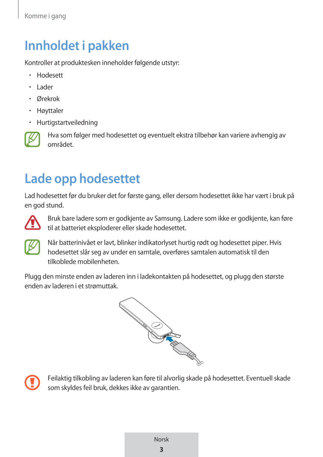 Samsung EO-MG920BBEGRU manual Innholdet i pakken, Lade opp hodesettet 