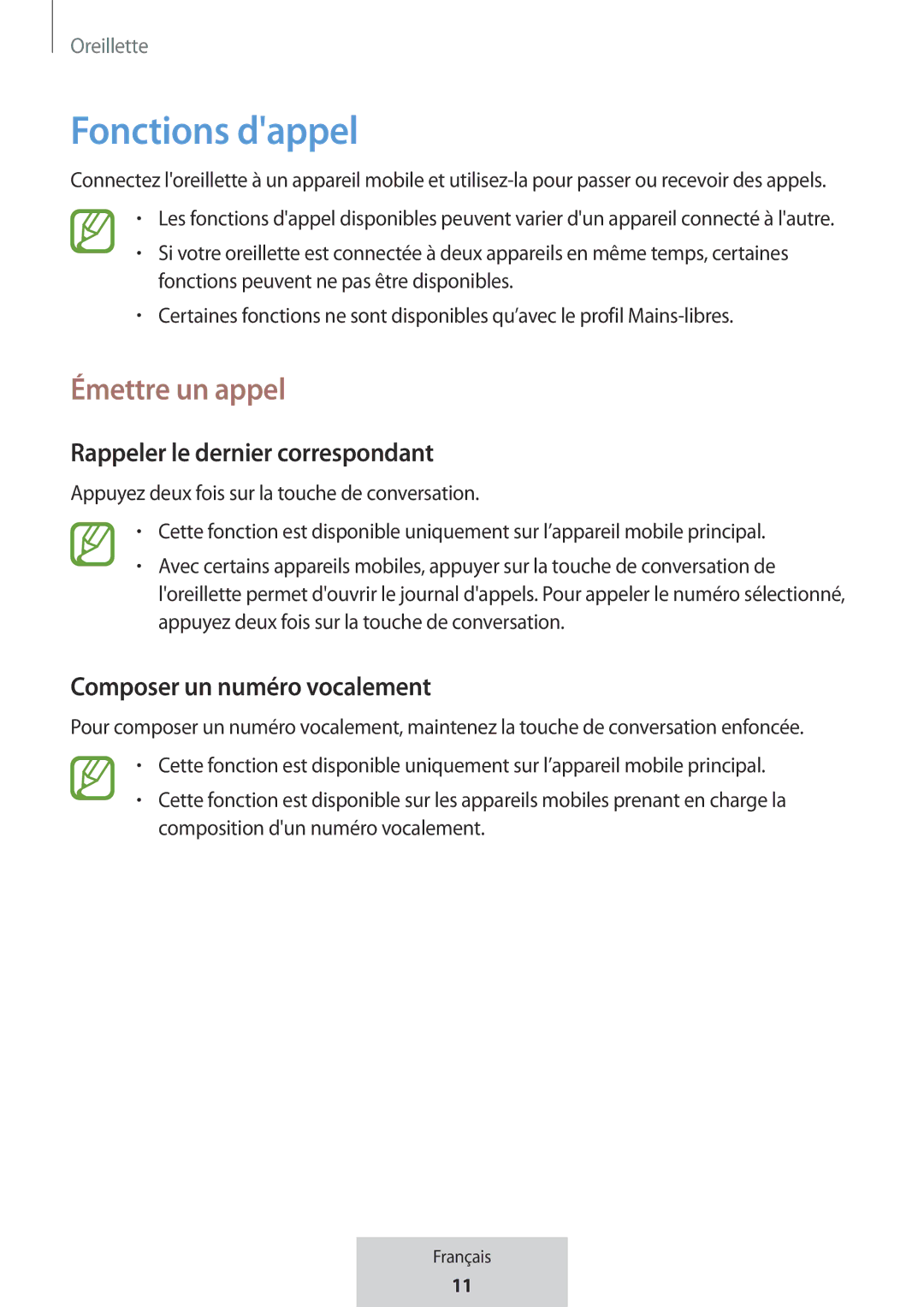 Samsung EO-MG920BBEGRU manual Fonctions dappel, Émettre un appel, Rappeler le dernier correspondant 