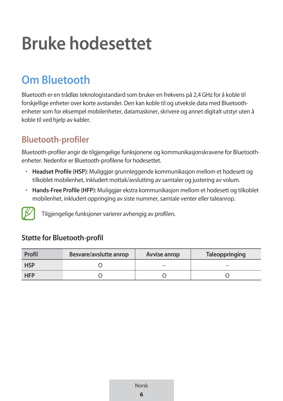 Samsung EO-MG920BBEGRU manual Bruke hodesettet, Støtte for Bluetooth-profil, Avvise anrop Taleoppringing 