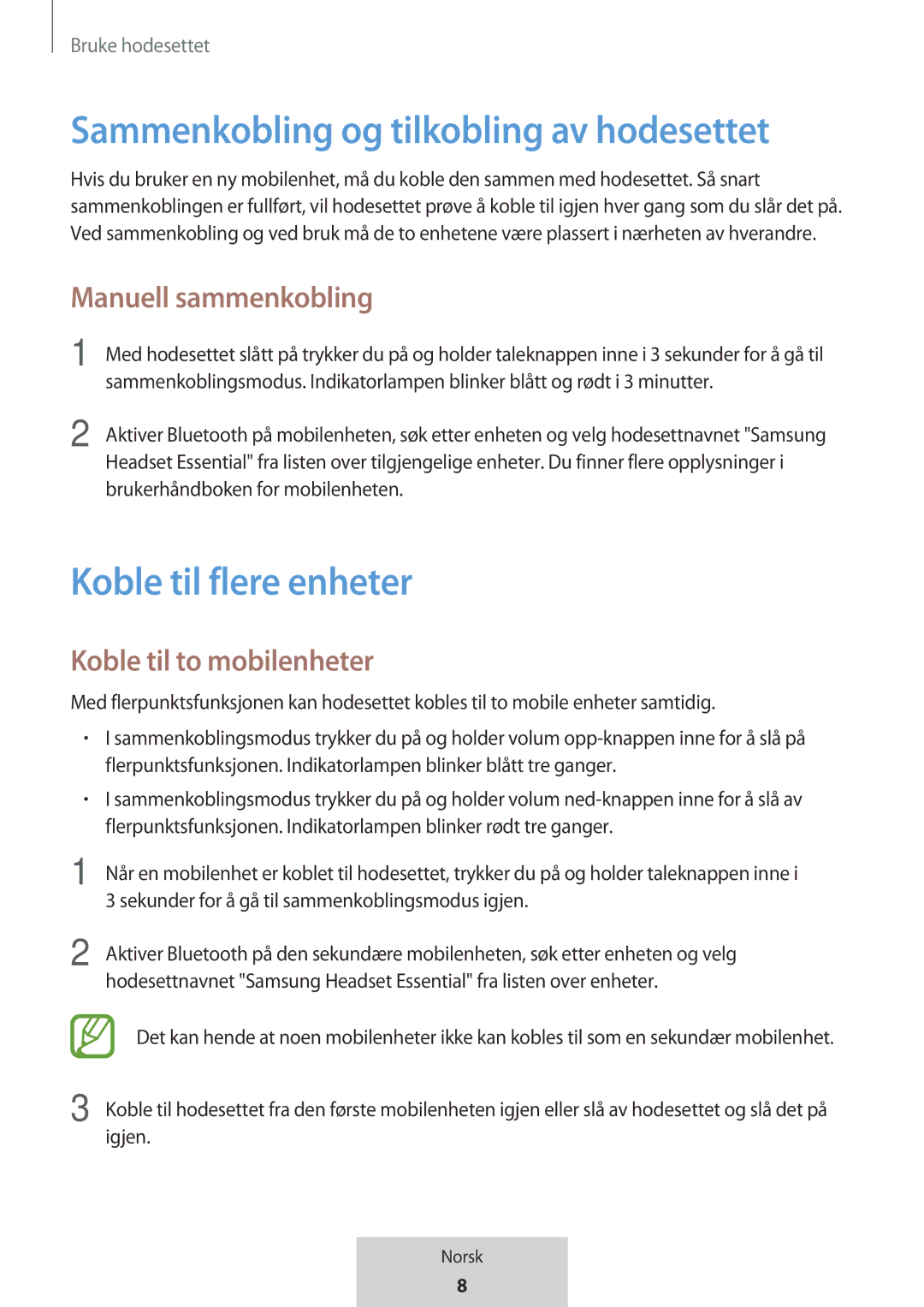 Samsung EO-MG920BBEGRU manual Sammenkobling og tilkobling av hodesettet, Koble til flere enheter, Manuell sammenkobling 