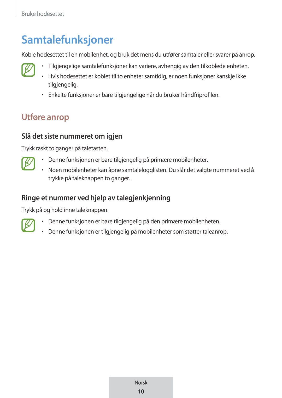 Samsung EO-MG920BBEGRU manual Samtalefunksjoner, Utføre anrop, Slå det siste nummeret om igjen 