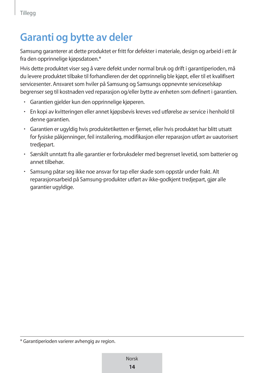 Samsung EO-MG920BBEGRU manual Garanti og bytte av deler 