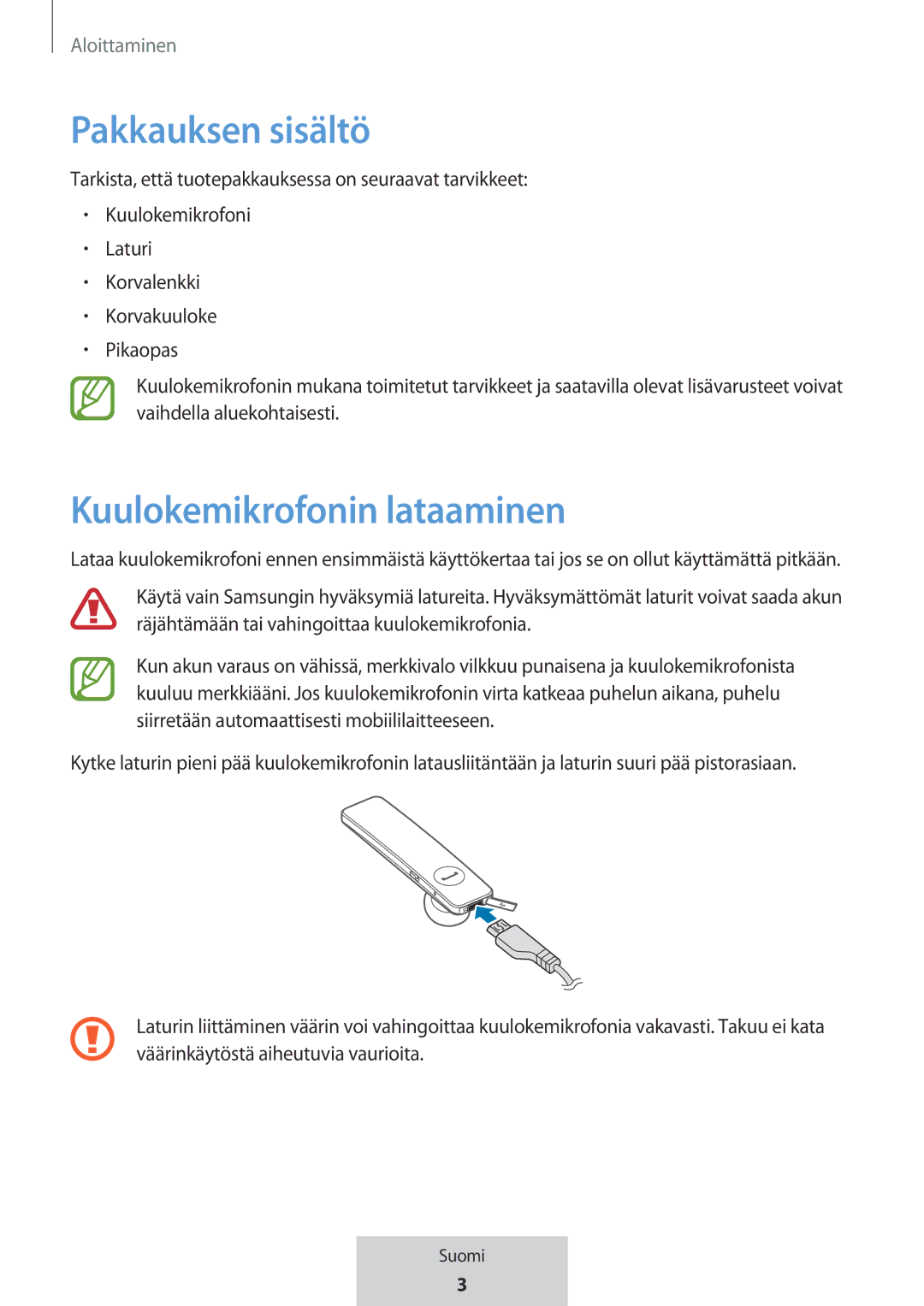 Samsung EO-MG920BBEGRU manual Pakkauksen sisältö, Kuulokemikrofonin lataaminen 