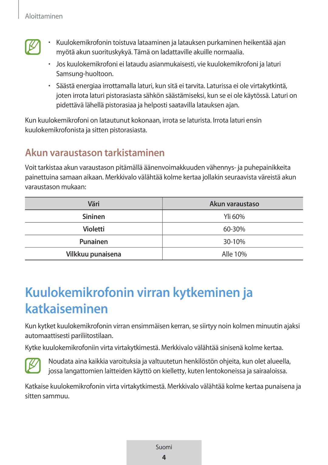 Samsung EO-MG920BBEGRU manual Kuulokemikrofonin virran kytkeminen ja katkaiseminen, Akun varaustason tarkistaminen 