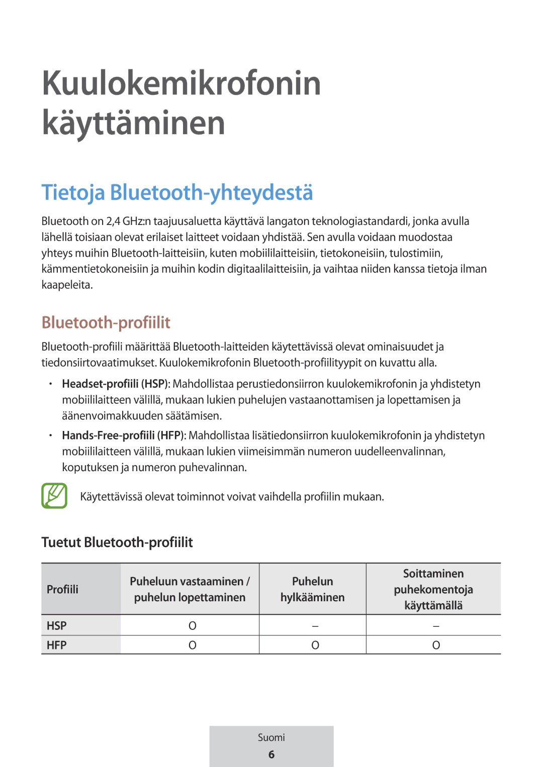 Samsung EO-MG920BBEGRU manual Tietoja Bluetooth-yhteydestä, Tuetut Bluetooth-profiilit, Puhelun Soittaminen Profiili 