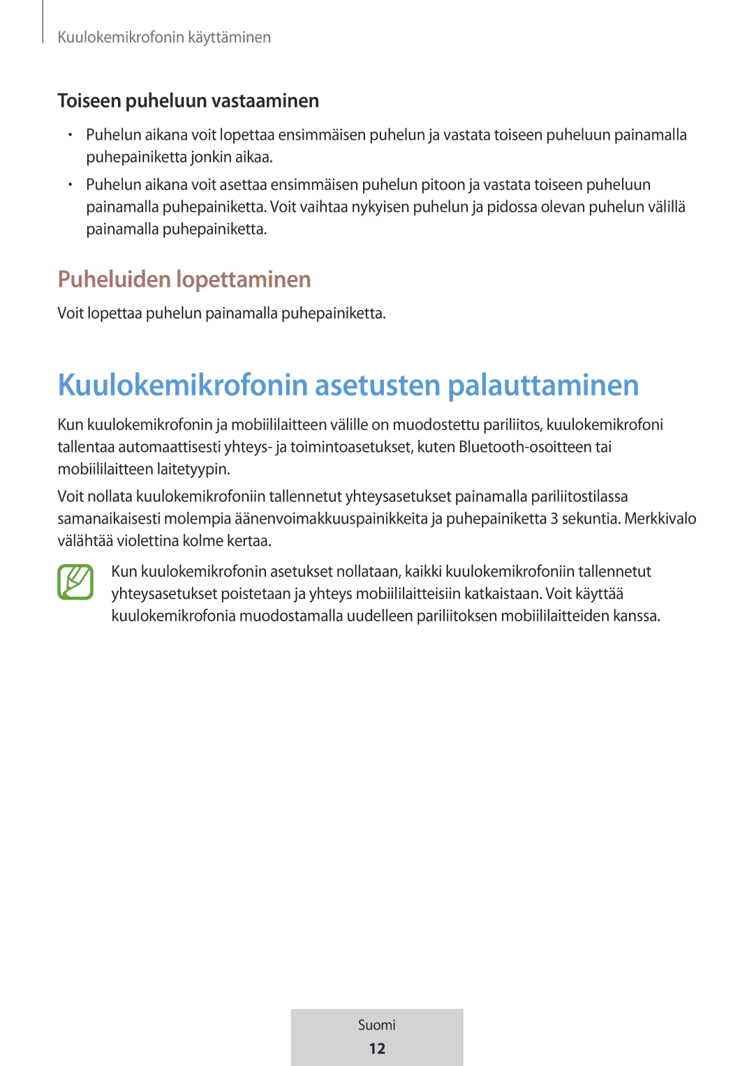 Samsung EO-MG920BBEGRU Kuulokemikrofonin asetusten palauttaminen, Puheluiden lopettaminen, Toiseen puheluun vastaaminen 