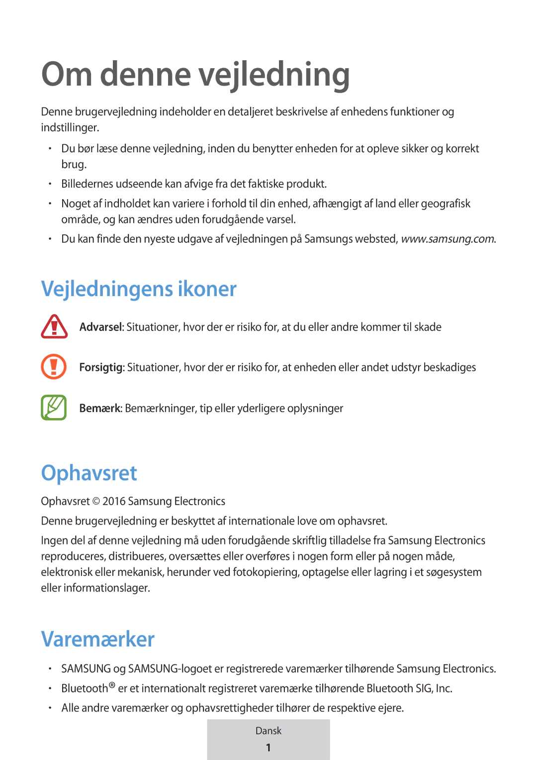 Samsung EO-MG920BBEGRU manual Om denne vejledning, Vejledningens ikoner, Ophavsret, Varemærker 