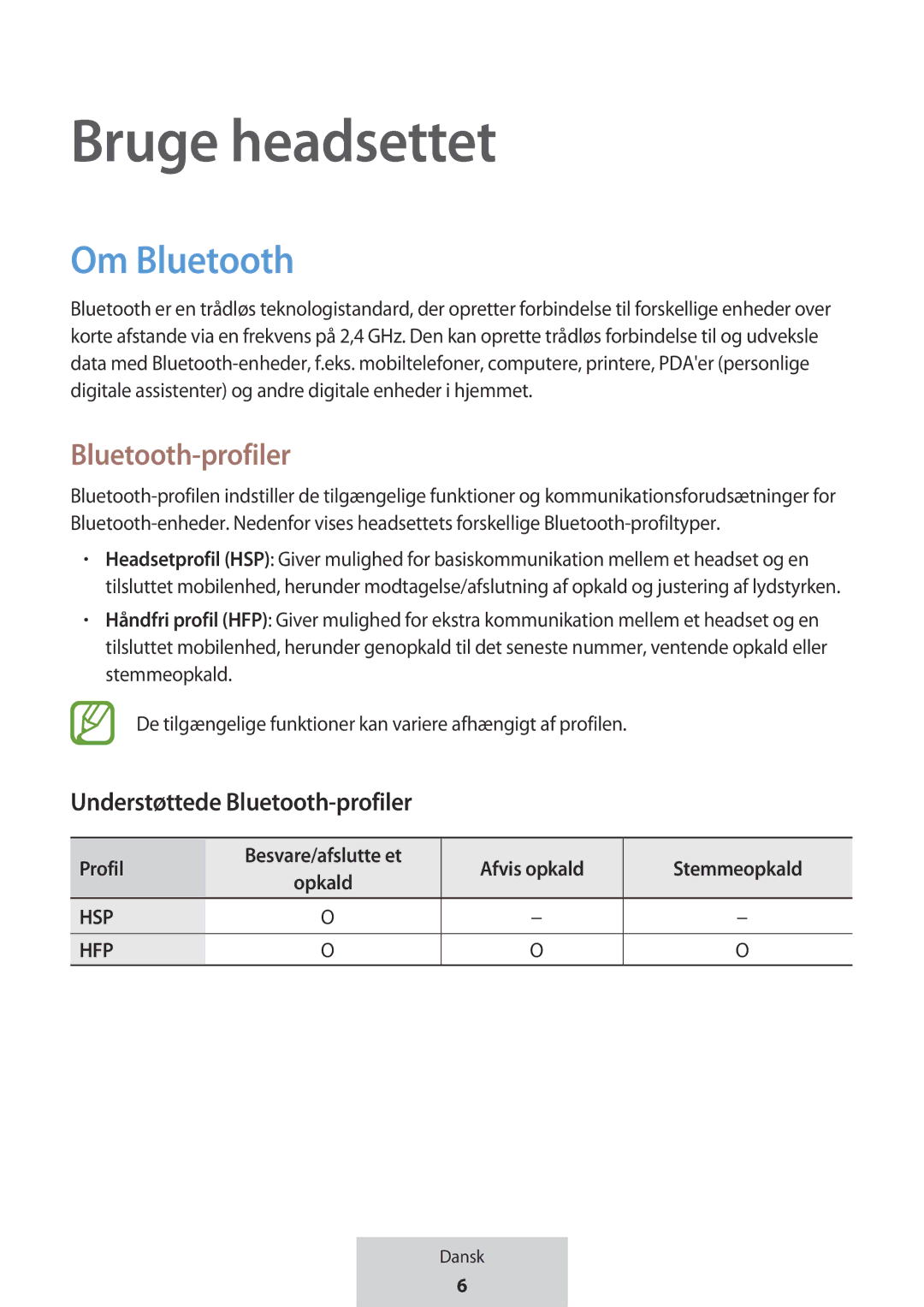 Samsung EO-MG920BBEGRU manual Bruge headsettet, Understøttede Bluetooth-profiler 