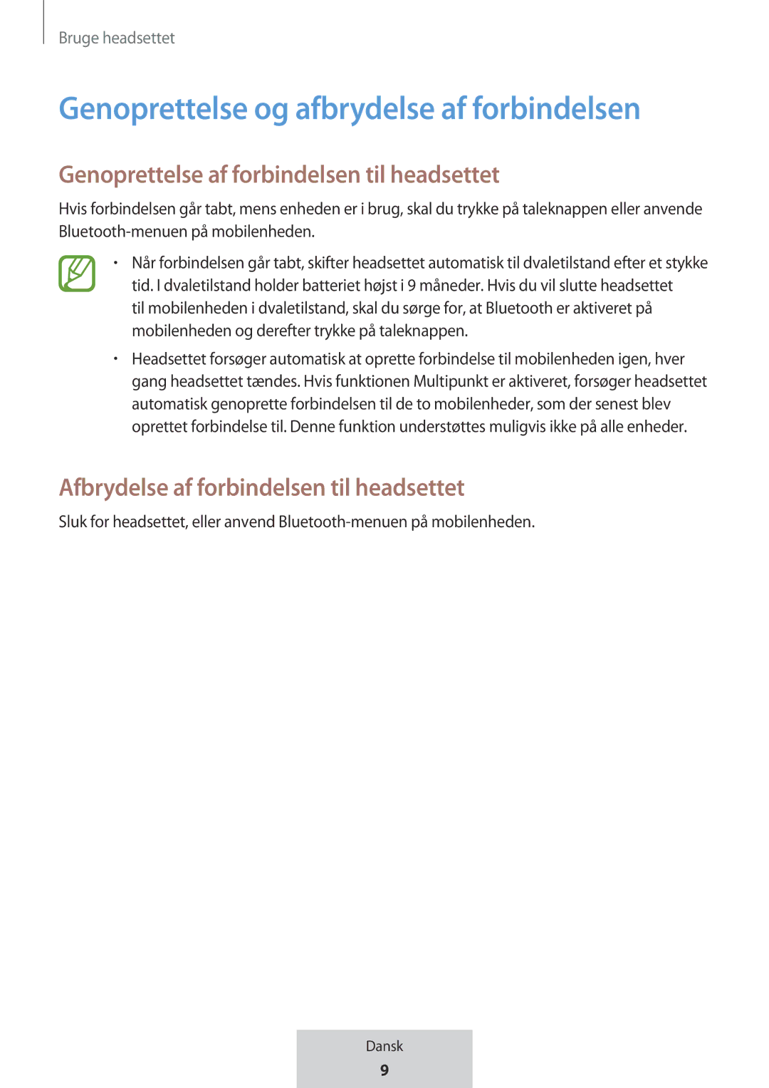 Samsung EO-MG920BBEGRU manual Genoprettelse og afbrydelse af forbindelsen, Genoprettelse af forbindelsen til headsettet 