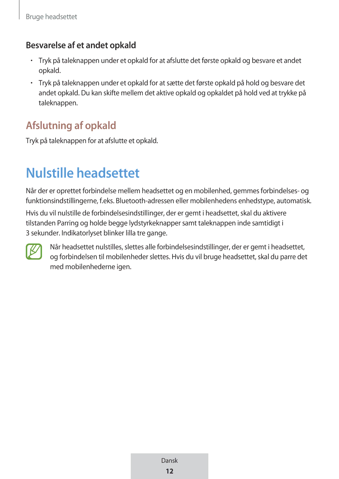 Samsung EO-MG920BBEGRU manual Nulstille headsettet, Afslutning af opkald, Besvarelse af et andet opkald 