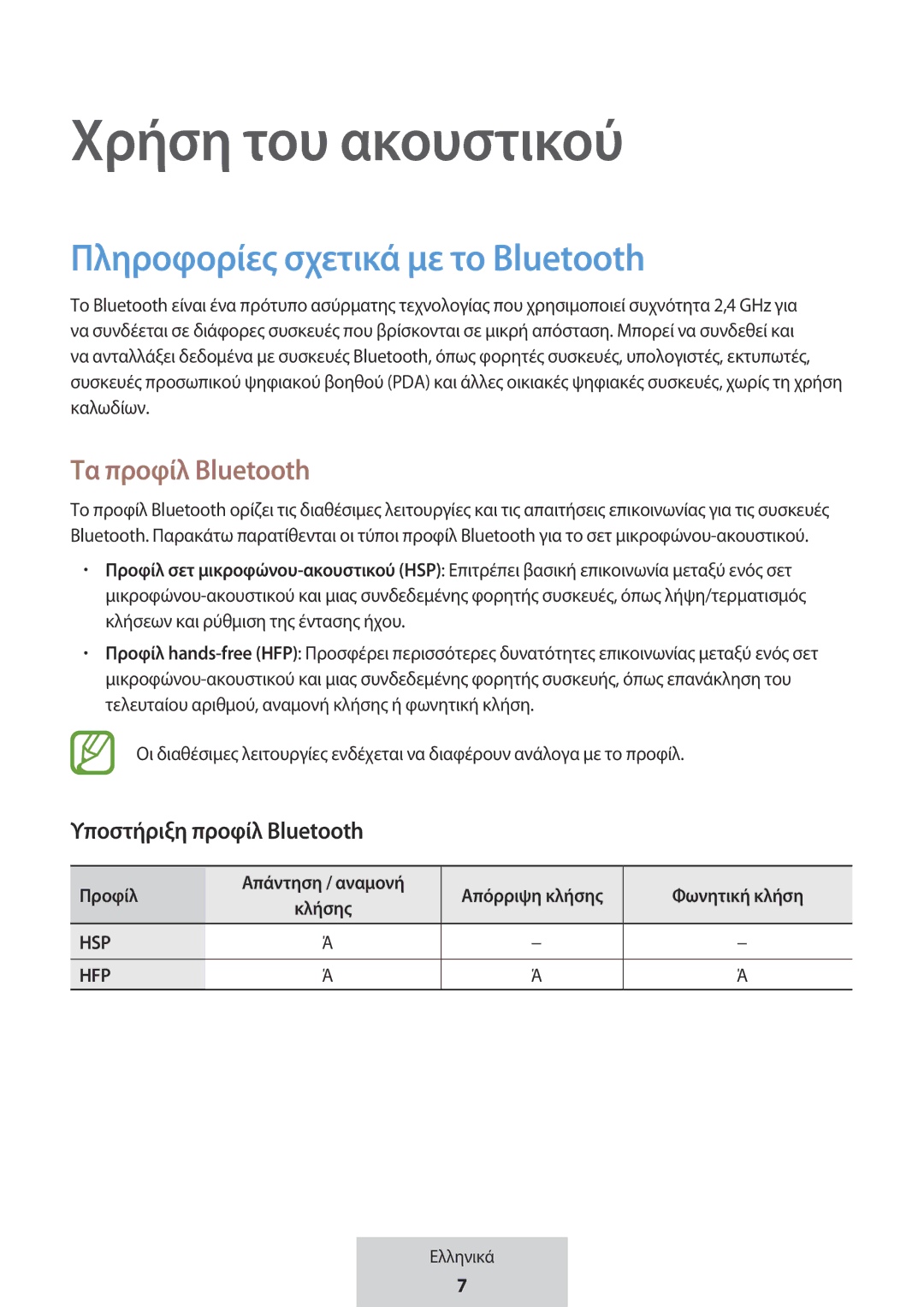 Samsung EO-MG920BBEGRU manual Πληροφορίες σχετικά με το Bluetooth, Τα προφίλ Bluetooth 