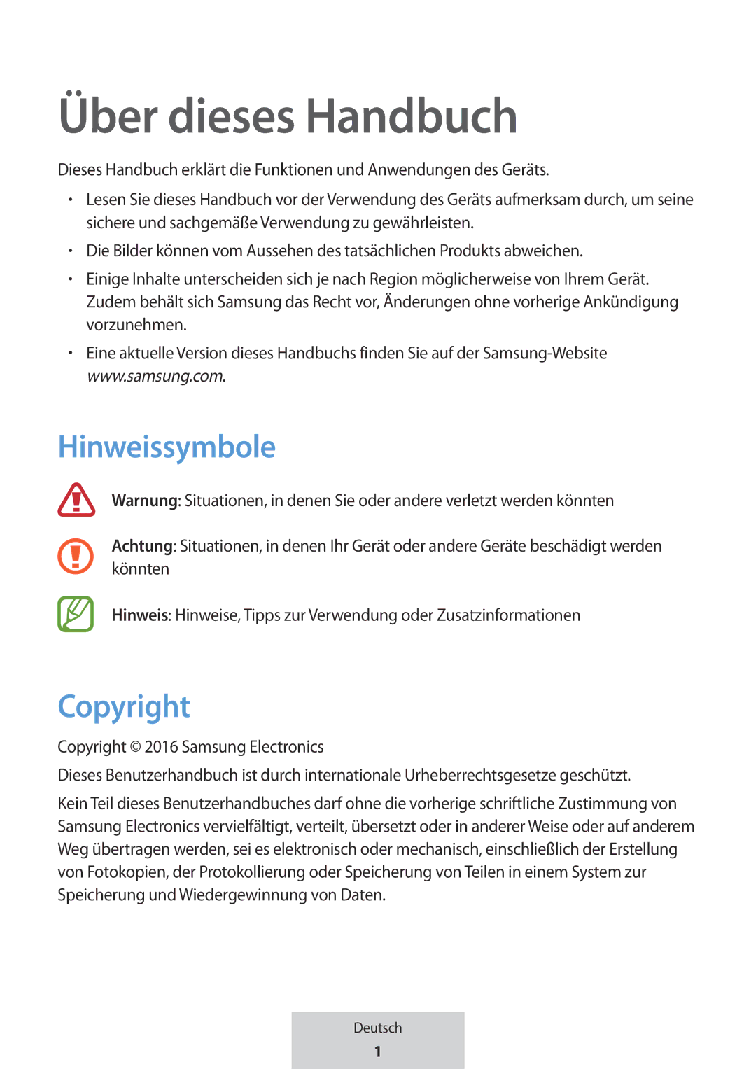 Samsung EO-MG920BBEGRU manual Über dieses Handbuch, Hinweissymbole 