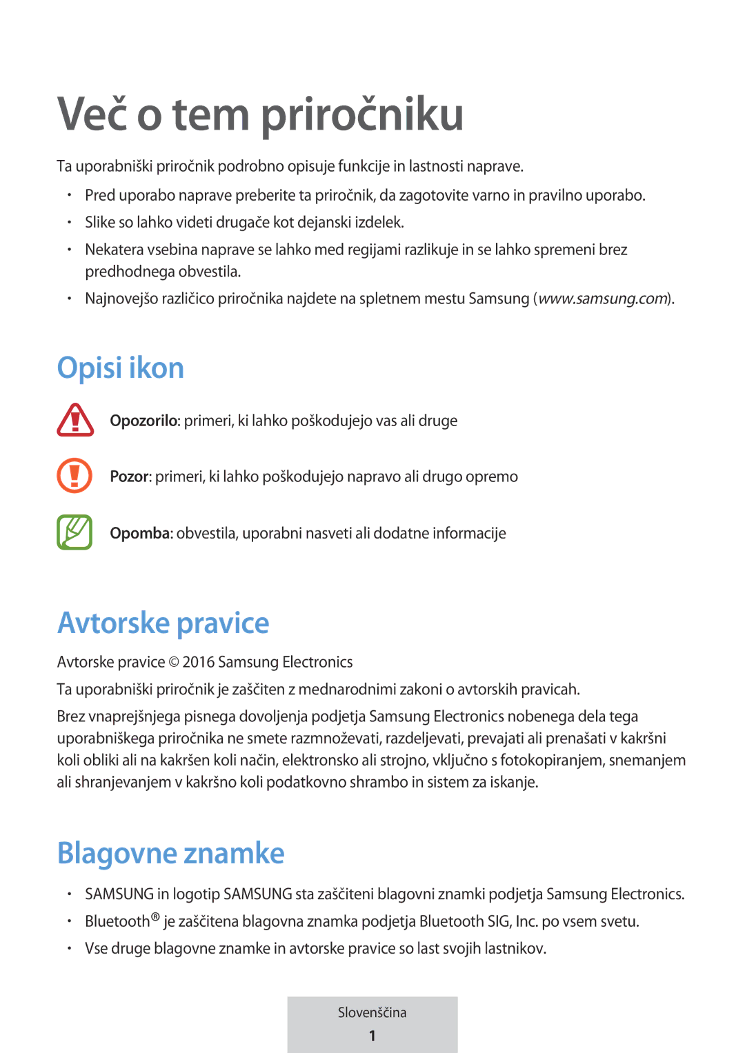 Samsung EO-MG920BBEGRU manual Več o tem priročniku, Opisi ikon, Avtorske pravice, Blagovne znamke 