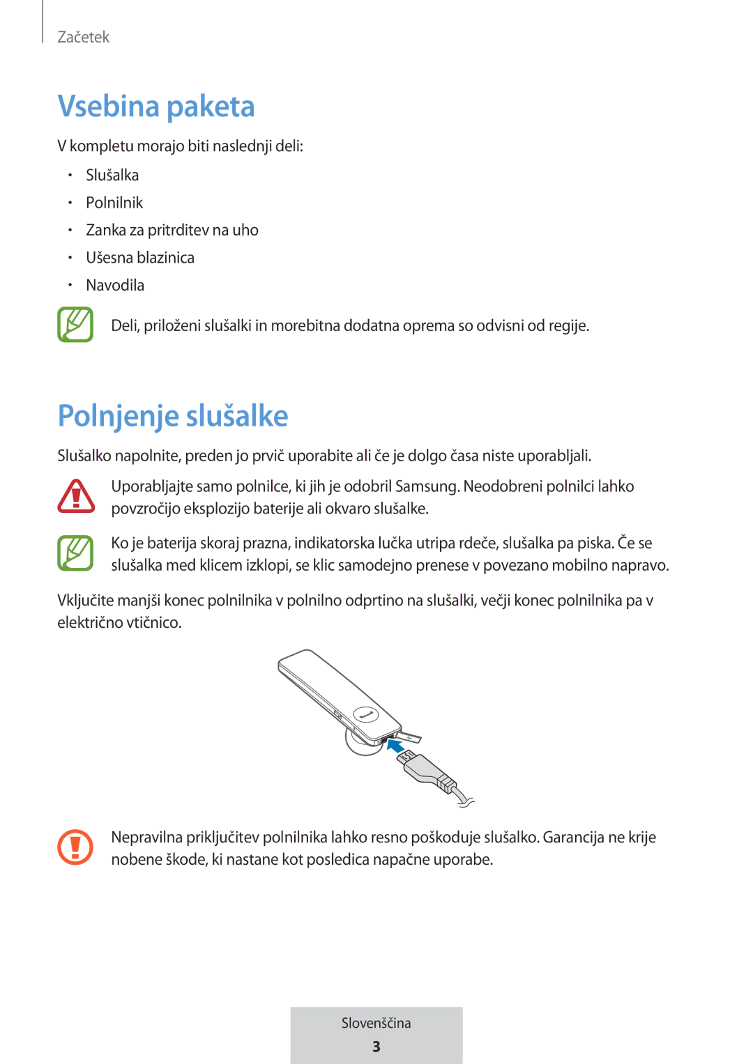 Samsung EO-MG920BBEGRU manual Vsebina paketa, Polnjenje slušalke 