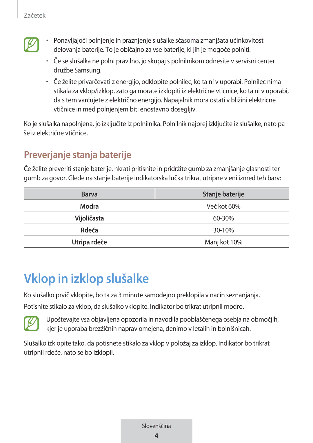 Samsung EO-MG920BBEGRU manual Vklop in izklop slušalke, Preverjanje stanja baterije, Barva Stanje baterije 