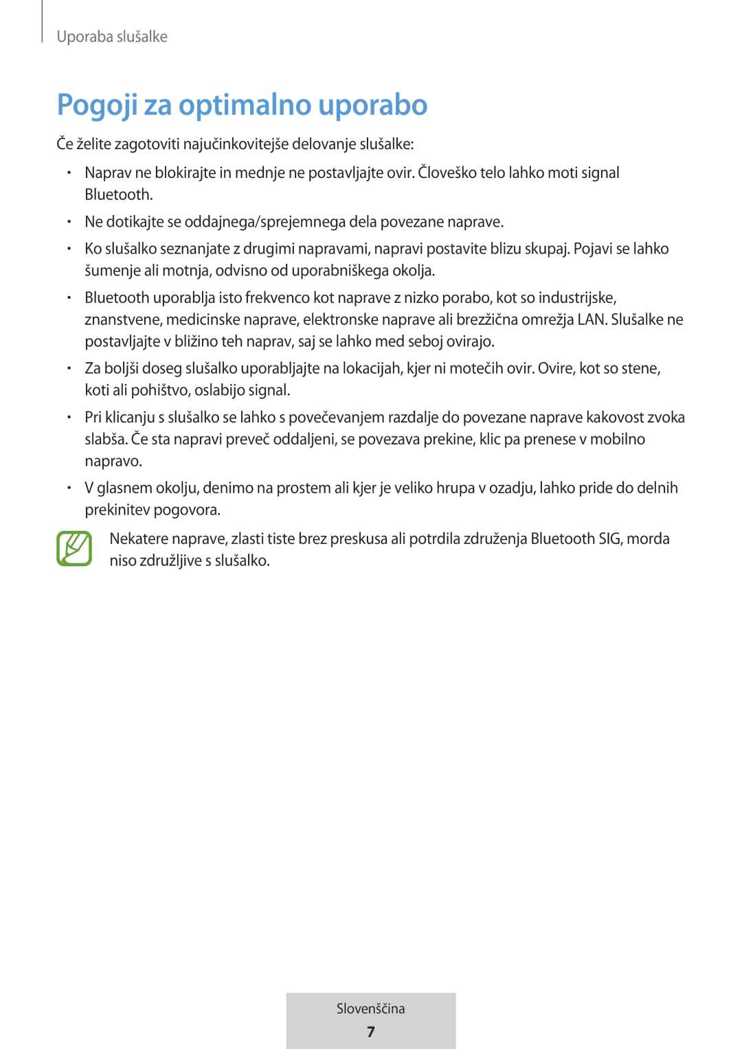 Samsung EO-MG920BBEGRU manual Pogoji za optimalno uporabo 