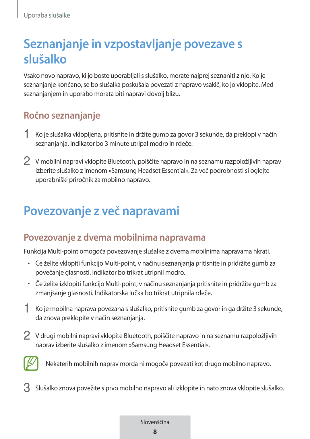 Samsung EO-MG920BBEGRU Seznanjanje in vzpostavljanje povezave s slušalko, Povezovanje z več napravami, Ročno seznanjanje 