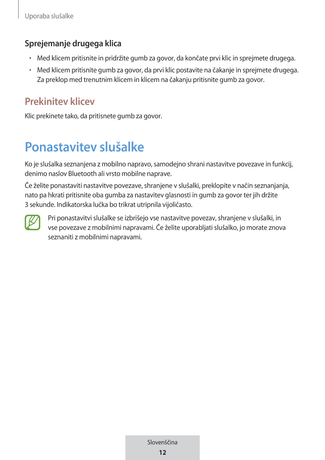 Samsung EO-MG920BBEGRU manual Ponastavitev slušalke, Prekinitev klicev, Sprejemanje drugega klica 