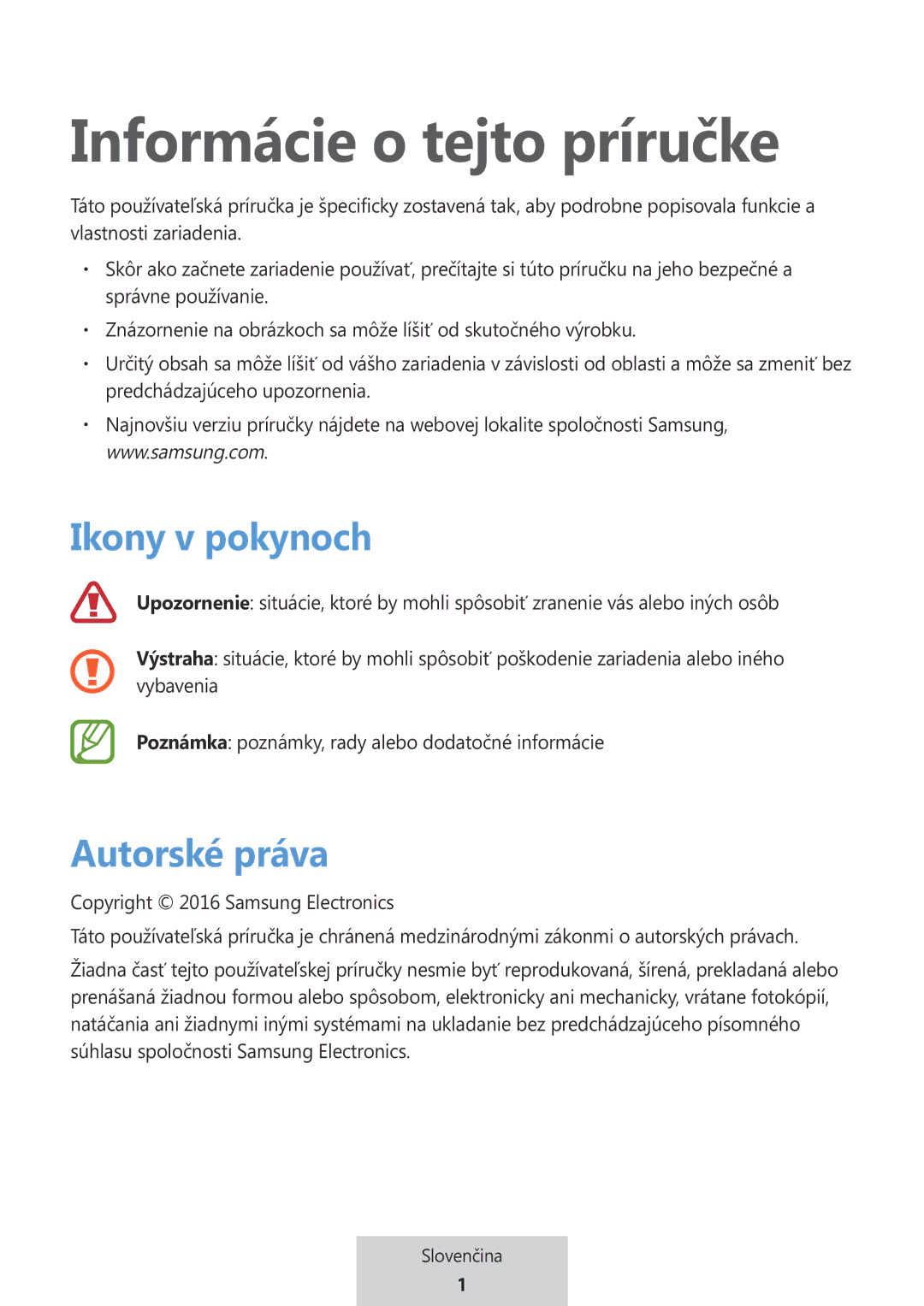 Samsung EO-MG920BBEGRU manual Ikony v pokynoch, Autorské práva 