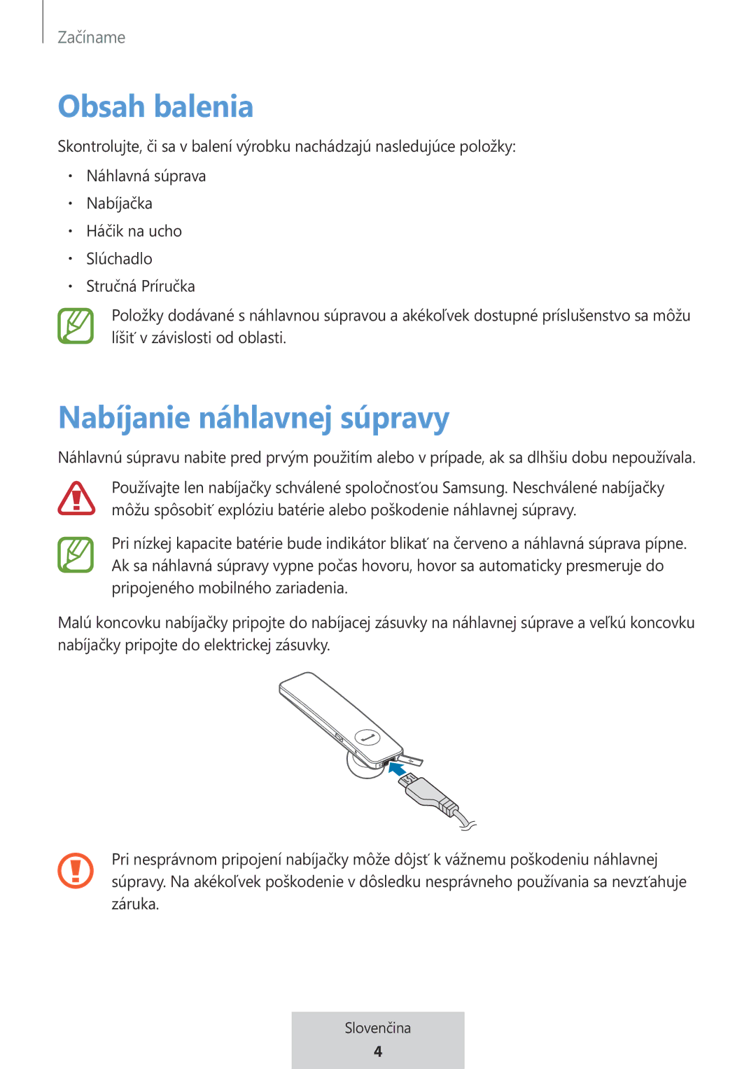 Samsung EO-MG920BBEGRU manual Obsah balenia, Nabíjanie náhlavnej súpravy 