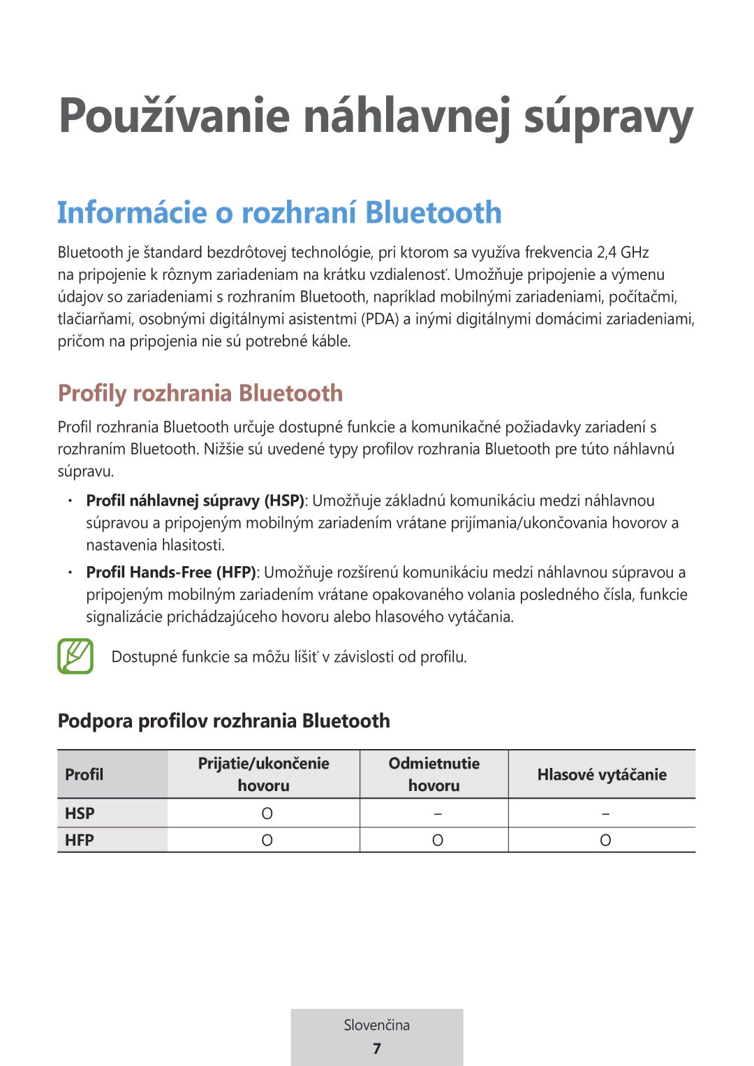 Samsung EO-MG920BBEGRU manual Používanie náhlavnej súpravy, Informácie o rozhraní Bluetooth 