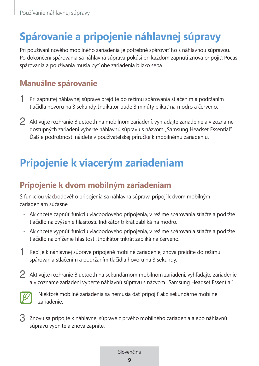 Samsung EO-MG920BBEGRU manual Spárovanie a pripojenie náhlavnej súpravy, Pripojenie k viacerým zariadeniam 